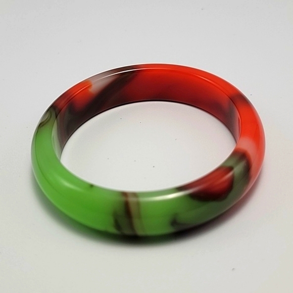 VTG Inspired Abstract Jade Bangle Chicken Blood Red & Golden Silk Glass Bracelet - Picture 11 of 11